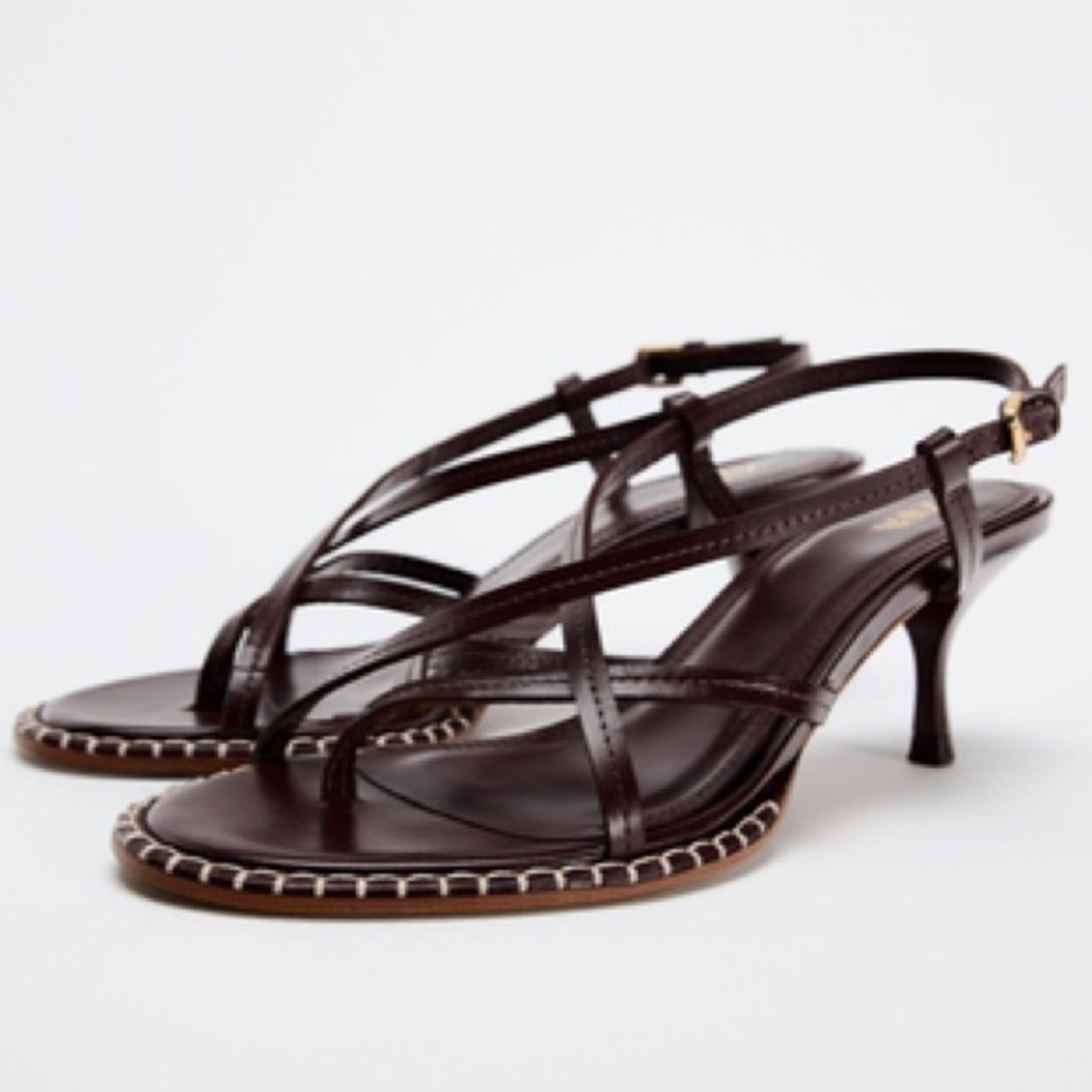 Zara Topstiched Heeled Sandals Brown US 8 - EU39 Vacation Leather 2307/410 NWT